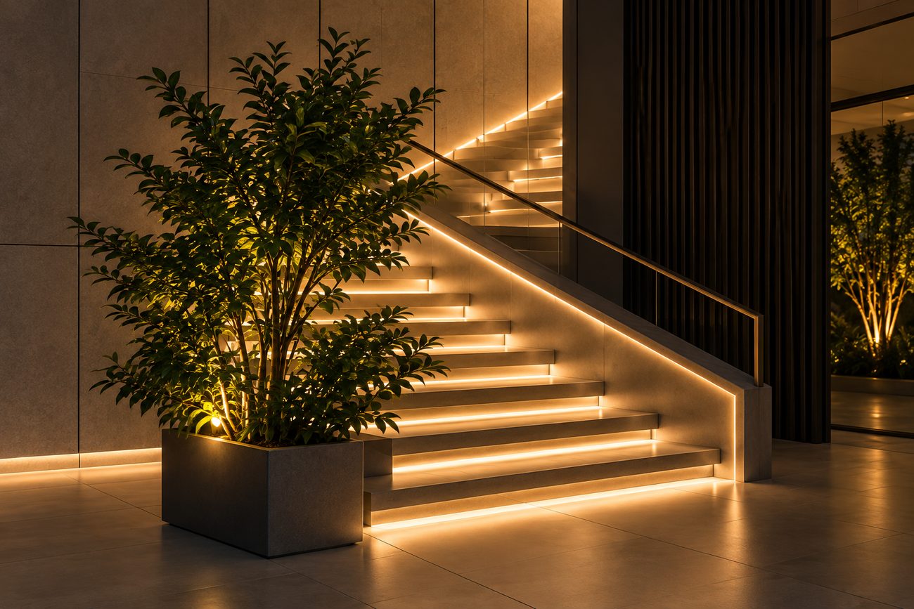 Staircase with concealed warm strip lighting in a contemporary interior