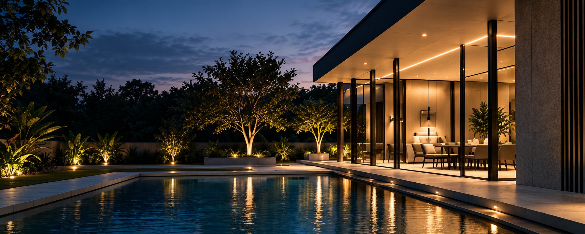 Modern residence at dusk with integrated architectural lighting by True Glow Inventions